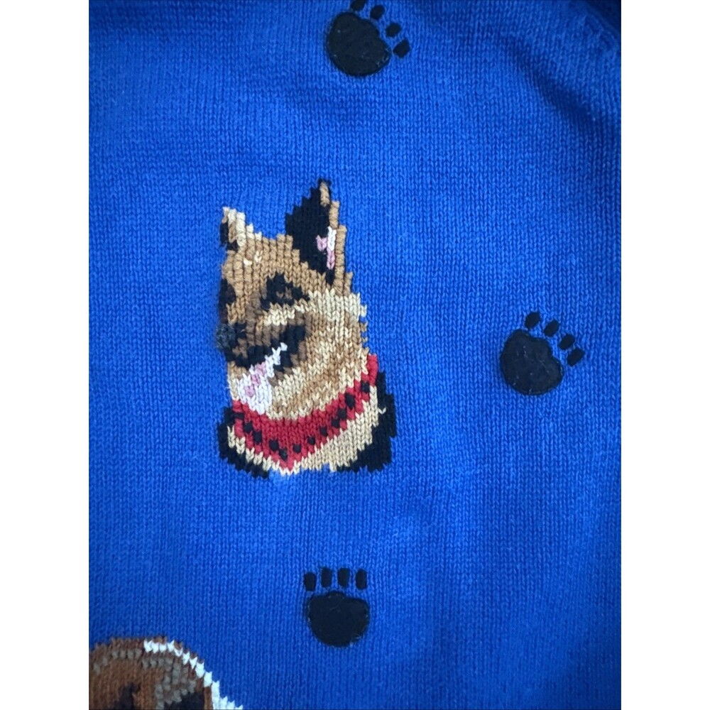 Blue Cardigan Sweater Knit Dogs 1990s Large Vintage Marisa Christina Paw Prints - Picture 6 of 9